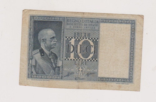 Billete Italia 10 Liras Año 1938 Bueno + 0
