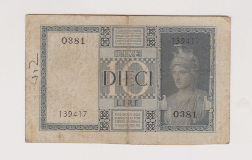 Billete Italia 10 Liras Año 1938 Bueno + 1