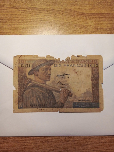 Antiguo Billete De 10 Francos Franceses. 0