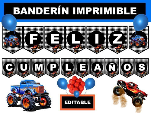 Banderín Imprimible Monster Truck Editable + Pdf 1