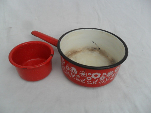 Antigua Cacerola Enlozada + Taza Rojo Decoracion Vintage 1