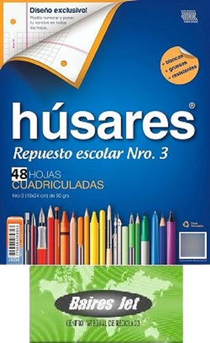 40 Repuesto Escolar Nº 3 Husares 6233 Hoja Cuadriculada 48 H 0