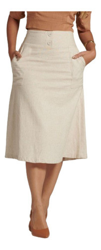 Saia Midi  Evasê De Linho Detalhe Bolsos Moda Cintura Alta 0