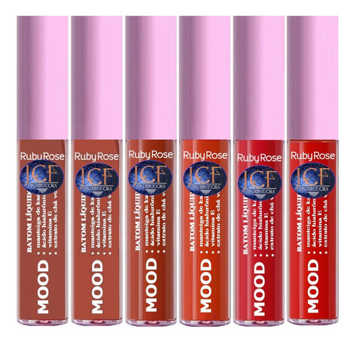 24 Batom Liquido Matte Mood Cores 13 A 18 Ruby Atacado 0