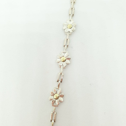 Pulsera Plata Con Oro  Triple Flor Eslabón Alargado B115 0