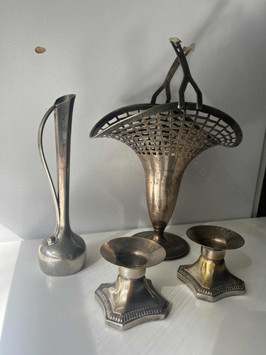 Candelabros Sheffield + Florero + Canasta En Platina 1