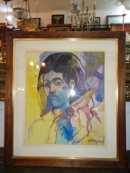 Antiguo Cuadro Con Pintura En Acuarela Firmado 0