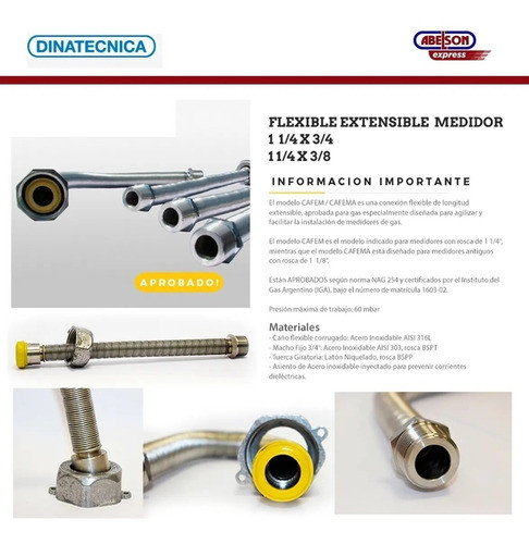 Flexible Extensible Medidor De Gas 1 1/8 X 3/4 Dinatecnica 1