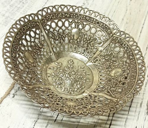 Centro Mesa Frutero Antiguo Macizo Plata 800 Sellado Divino! 0