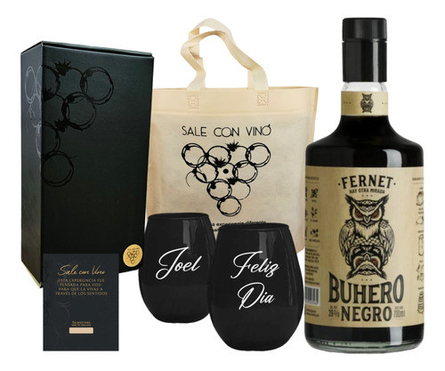Box Fernet Buhero Negro + 2 Vasos Negros Grabados Estuche 0