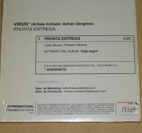 Virus Pronta Entrega Adrian Dargelos Cd Single Promo / Kktus 1