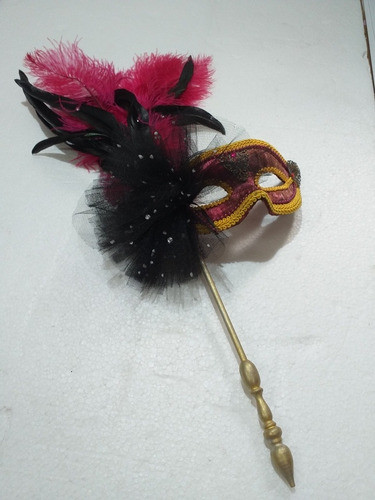 Antifaz Rosa Viejo Con Plumas Y Palito 1