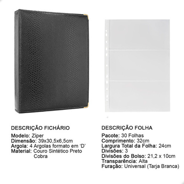 Fichário 30 Folhas Pp P/ Cédulas 3 Espaços 32x24 Ziper Gg 1