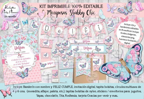 Kit Imprimible Candy Bar Mariposas Shabby Chic Editable 100% 0