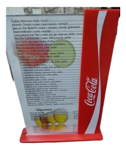Cartilla Portamenues Acrílico Transparente Coca Cola 14x20 0