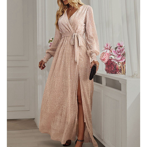 Vestido Comprido Feminino De Manga Lanterna Com Decote Em V 1