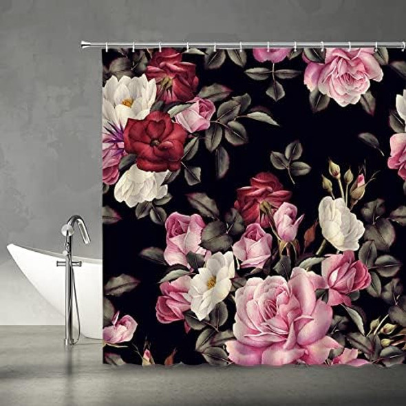 Ysatnsft Cortina Ducha Floral Negra, Flor Acuarela, Flor Con 1