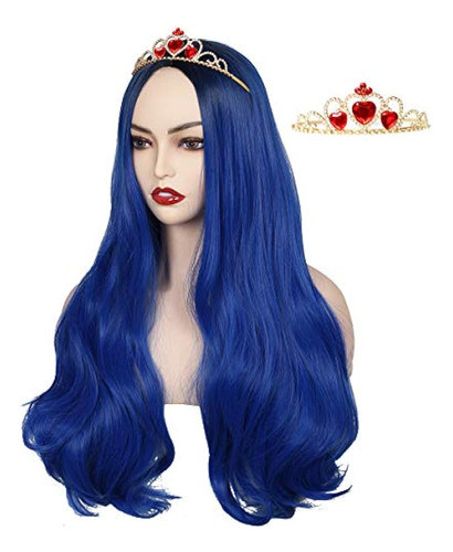 Colorground Peluca Larga Ondulada Azul Raíz Oscura Con Coron 0