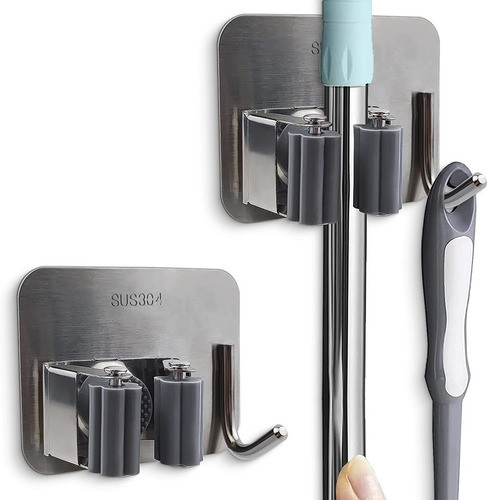 2 Soportes De Pared Adhesivos De Acero Inox. Para Escobas 0