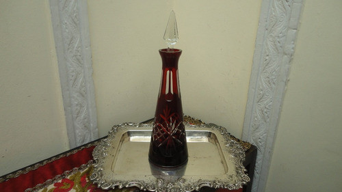 Botellon Cristal Antiguo Rubi Tallado Tapon Facetado Miralo 0