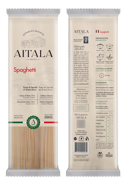 Fideos Spaghetti Aitala 500 Gr. Pack X2 1