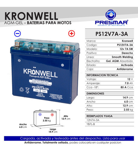 Bateria De Gel Kronwell Motomel Skua 250 1