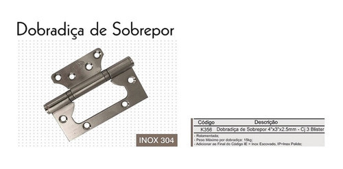 Dobradiça Geris 4x3 Sobrepor Inox Esc. C/rolamento C/03 Pçs. 0