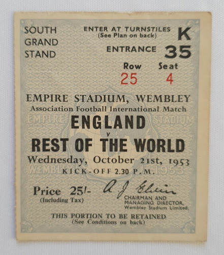 Ingresso Futebol Inglaterra X Resto Do Mundo Wembley 1953 0