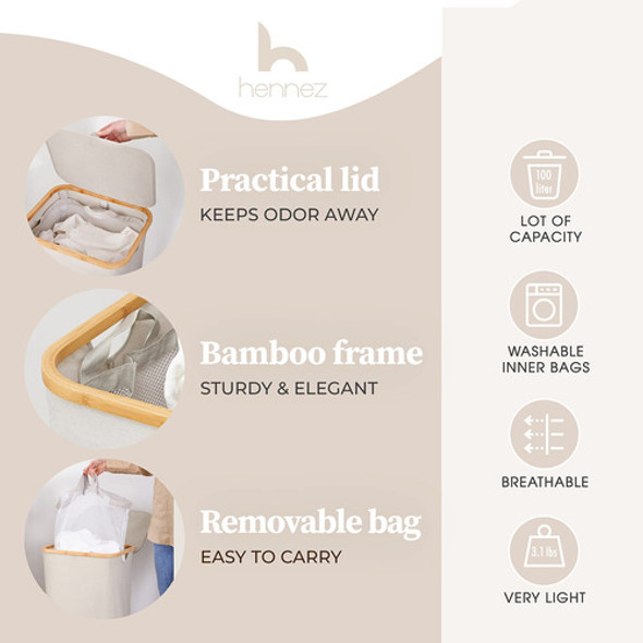 Cesto Para Ropa Con Tapa - 100l De Bambu Con Bolsa Extraible 1