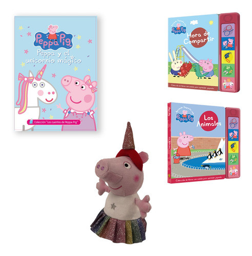 Peluche Peppa Unicornio 20 Cm + 2 Libros Con Sonido Kit 3 0