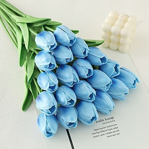 Flores Artificiales De Latex Tulipanes X 20 Celeste 1