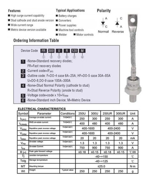 Diodo Rectificador 250a 1200v Catodo/rosca M16x1.5 250u120 1