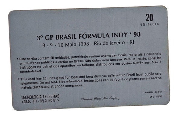 Ct62= Cartao Telebras Indy 98 Novo = Desc,5,00 Ver Abaixo 1