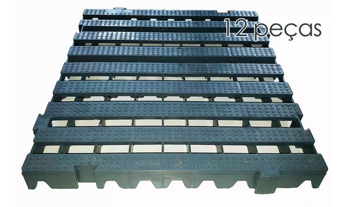Kit 12 Pçs Piso Plástico 50x50x4,5 Preto - Box Deck Pallet 1