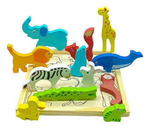 Juego Didáctico Encastres Bloque Animales Madera Rompecabeza 0