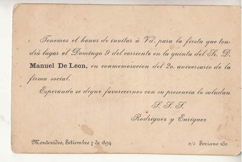 1894 Ephemera Uruguay Invitacion Firma Rodriguez Enriquez 1