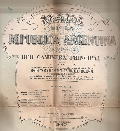 Mapa Red Caminera Principal Republica Argentina 1943 0