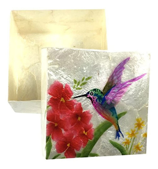 Caja De Recuerdo De Capiz Colibri Con Flores 4 X 4 1