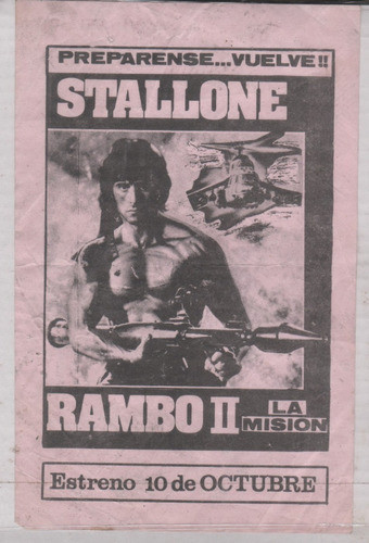 Antiguo Folleto Publicitario Pelicula - Rambo 2 - Año 1985 0