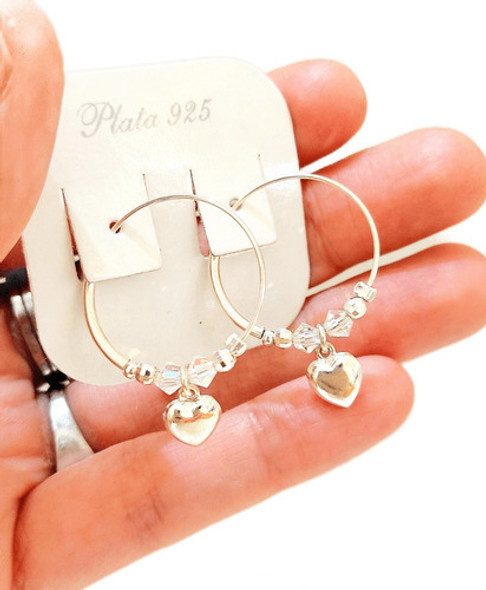 Aros Argollas De Plata 925 Con Dije Corazón Y Cristales 2 0