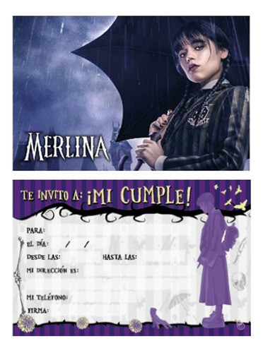 Invitación Cumpleaños Merlina Pack X 10 Producto Oficial 0