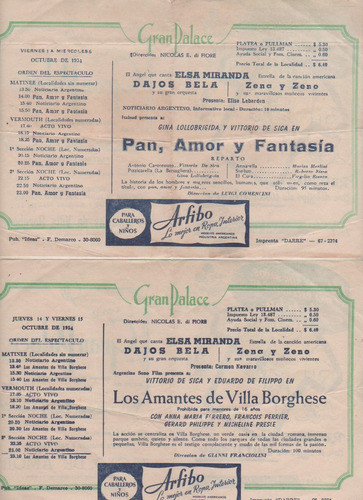 Lote 2 Antiguos Programa Cine - Gran Palace - Año 1954 1