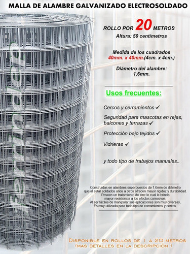 Tejido Metal Malla Electrosoldada 40x40mm Rollo 50cm 20 Mts 1