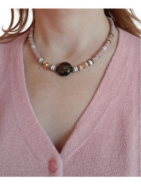 Collar Con Fimo, Vidrio Y Cristales. Collar Corto De Moda. 0