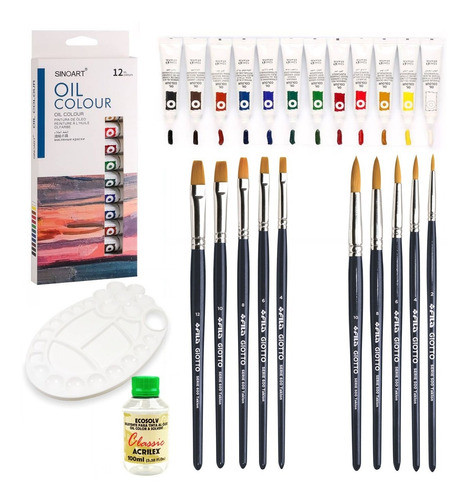 Kit Pintura Óleo Pincel + 12 Bisnagas Tinta Oleo + Gode 0