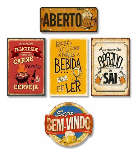 Kit Com 5 Placas Decorativas Em Mdf - Bebidas Bar Retrô 0