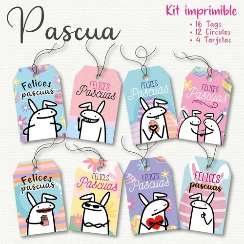 Kit Imprimible 16 Tags Flork Felices Pascuas + 4 Tarjetas 0