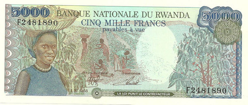 Billete Rwanda 5000 Francos Año 1988 Catalogo 60 Dolares!!!! 0