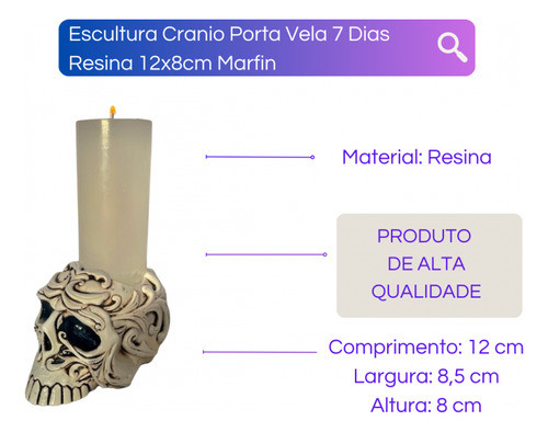 Escultura Crânio Porta Vela 7 Dias Resina 12x8cm Marfin 1