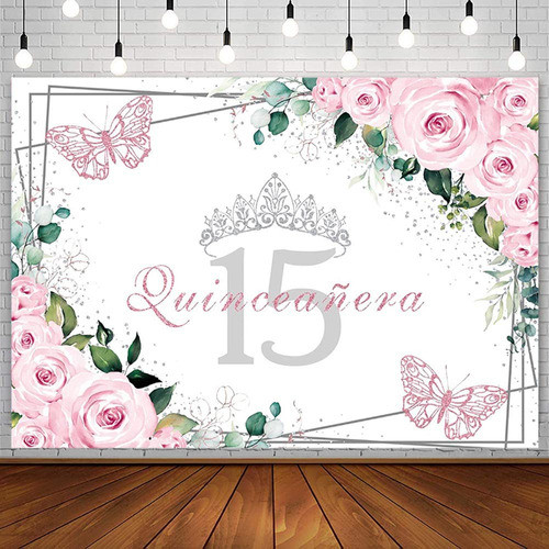 Fondo Para Fotos Telon Vinilo 15 Años Flores Rosado Plateado 1